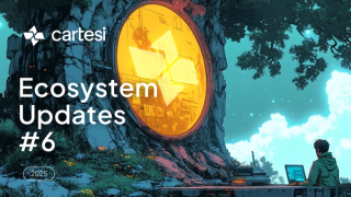 A fantastical digital illustration featuring the Cartesi logo and text 'Ecosystem Updates #6' with '2025' in the bottom left. A large, ancient tree or rock formation with a glowing, circular portal-like structure dominates the center, displaying a geometric pattern. A person sits at a desk with a laptop, facing the portal, under a vibrant, starry sky with clouds.