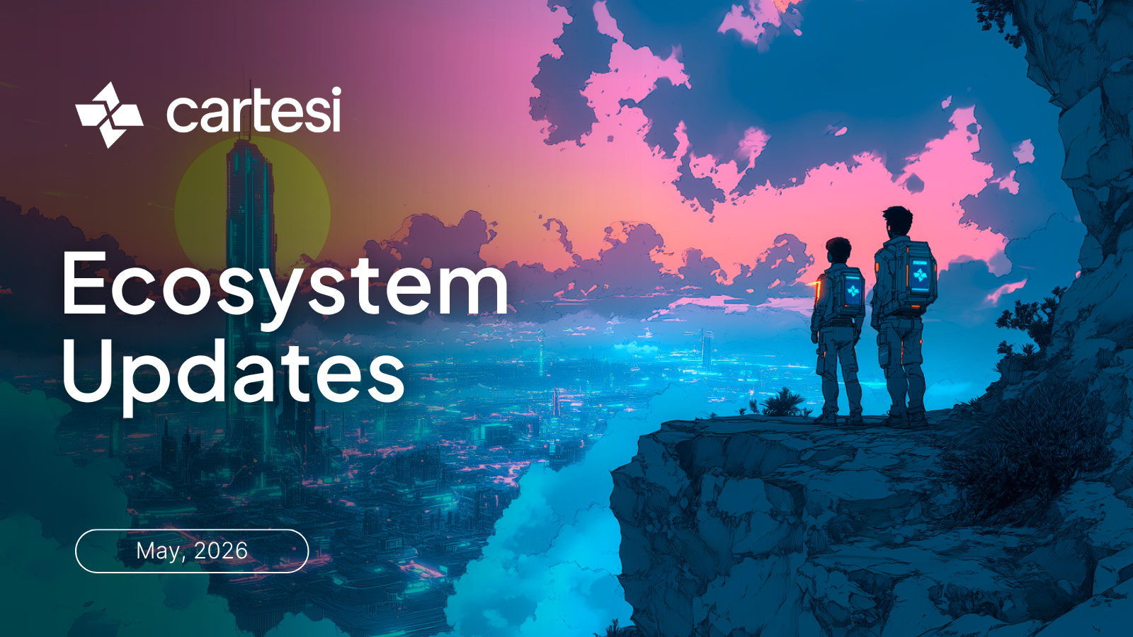 Cartesi Ecosystem Updates May 2026 blog banner featuring a cyberpunk style illustration with two figures overlooking a neon-lit sci-fi city under a pink and purple sky.