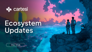 Cartesi Ecosystem Updates May 2026 blog banner featuring a cyberpunk style illustration with two figures overlooking a neon-lit sci-fi city under a pink and purple sky.