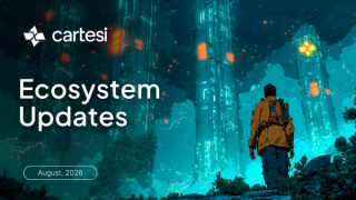 Cartesi Ecosystem Updates for August 2026: cover image showing a lone figure gazing up at glowing cyberpunk-style skyscrapers at night.