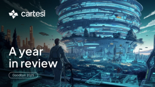 Cartesi 2025 Year in Review blog banner featuring a futuristic cyberpunk city with a massive glowing terminal and the text "A year in review, Goodbye 2025.