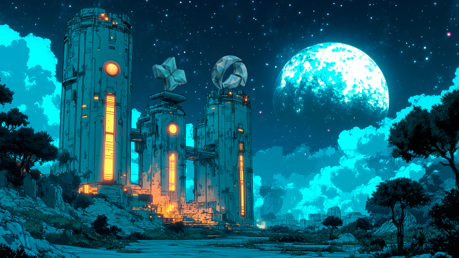 A vibrant Web3-themed sci-fi illustration featuring the Cartesi and Avail logos. Three massive, glowing industrial towers stand in a rocky landscape under a giant luminous moon. The Cartesi 'star' logo hovers above the central tower, while the geometric Avail ring logo sits atop the rightmost tower. The scene is rendered in a high-contrast teal and orange palette with a detailed starry sky.
