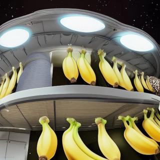 An AI-generated rendition of bananas in an intergalactic casino