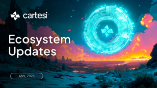 Cover image for the Cartesi Ecosystem Updates April 2026 monthly recap, showing the Cartesi logo at top left, the project's diamond emblem glowing inside a circular tech ring above a vibrant futuristic landscape at sunset, and an April 2026 date pill at bottom left.