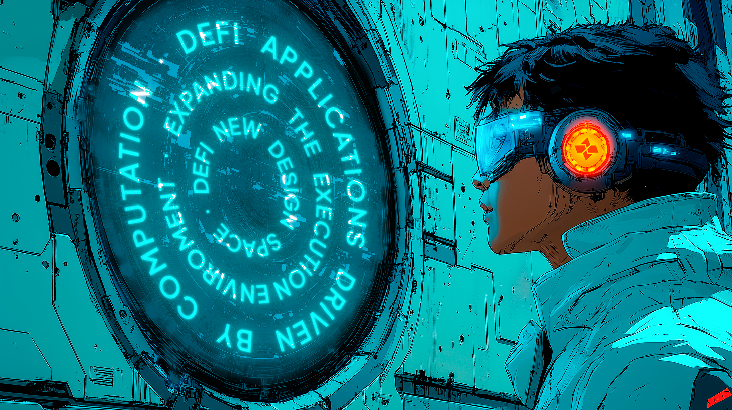 Cyberpunk-style digital illustration of a person wearing VR goggles looking at a glowing circular interface displaying DeFi applications, execution environments, and computation driven design text.