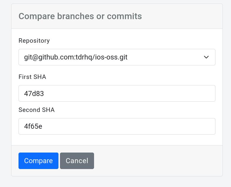 Dialog asking for commits to compare