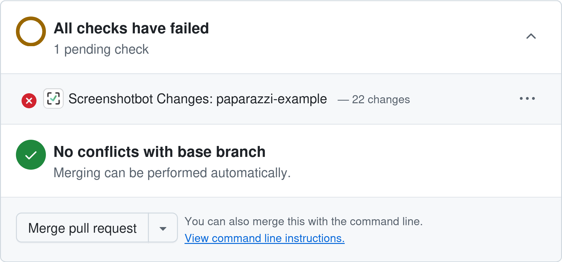 A picture of a GitHub Build status showing how Screenshotbot notifies you of the changes