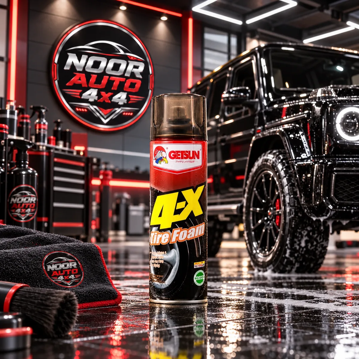 Getsun 4-X Tire Foam with a foam-covered 4x4 at NOORAUTO4X4