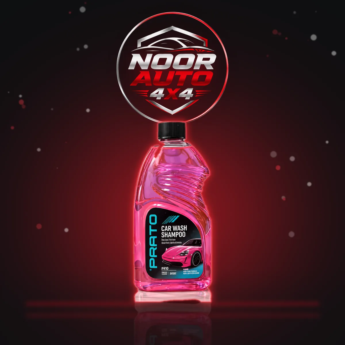 Prato Car Wash Shampoo bottle under red studio light with the NOOR AUTO 4X4 logo