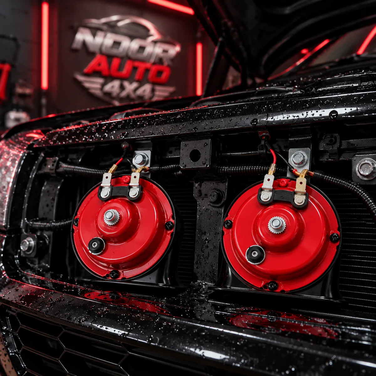 Seger 60E car horn pair mounted behind the front grille of a black car