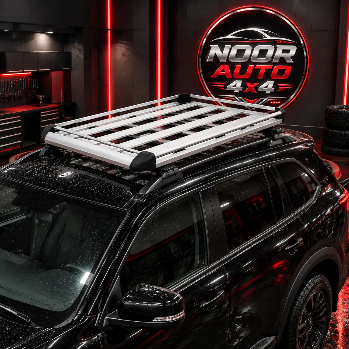 Roof rack basket 072, medium size, mounted on a black vehicle roof