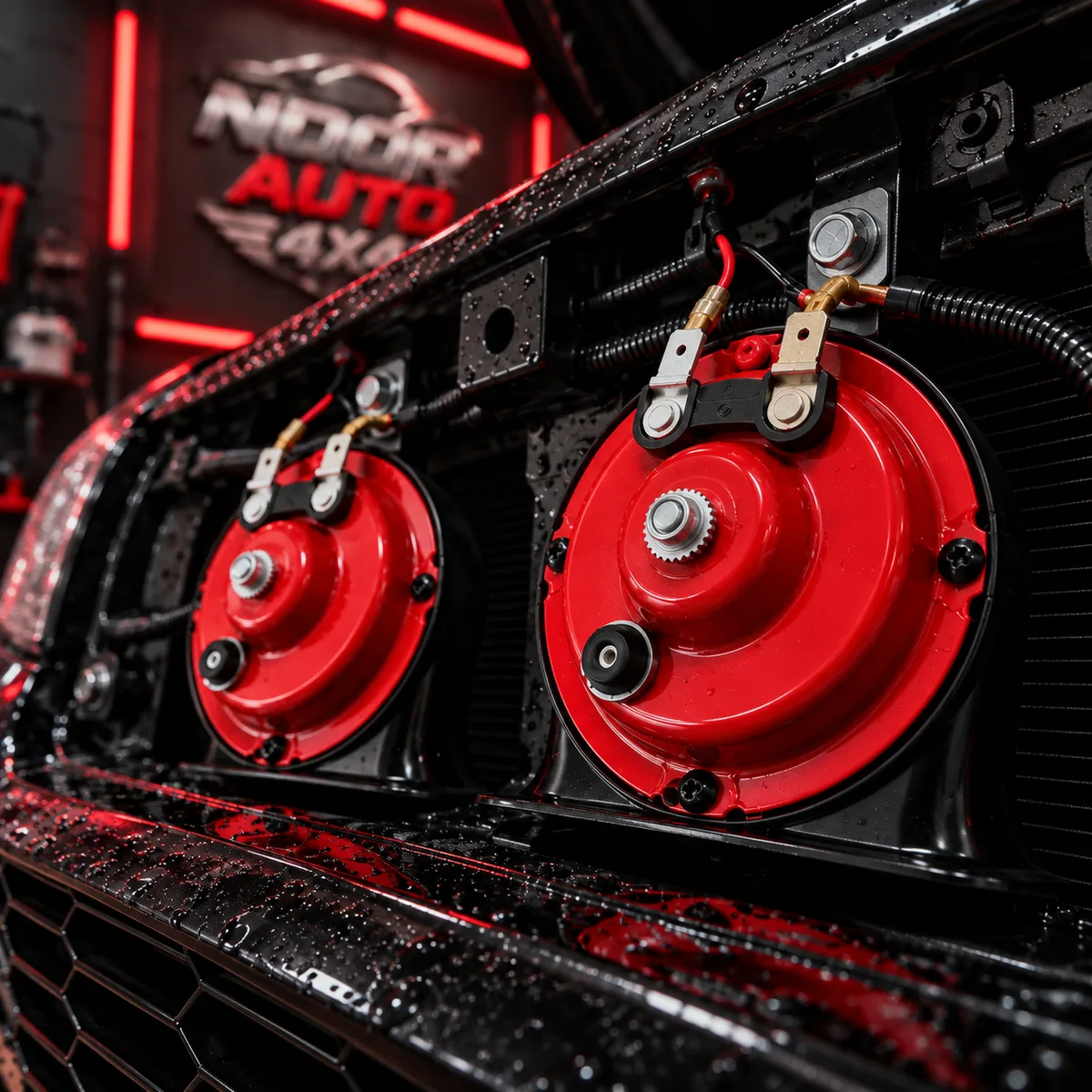 Imported car horn pair mounted behind the front grille of a black car