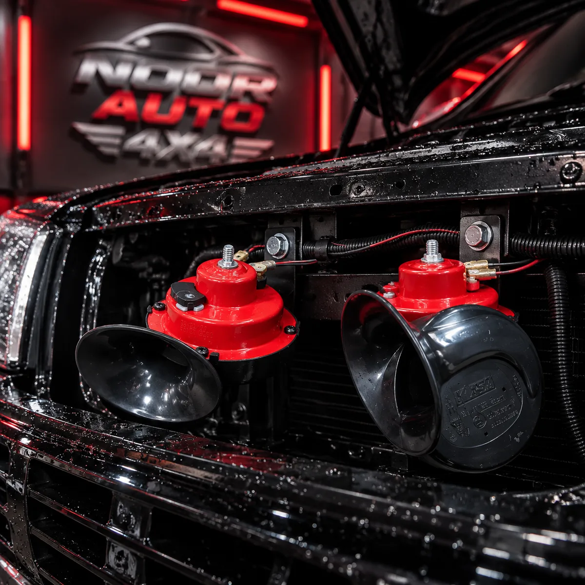 Korsa car horn pair mounted behind the front grille of a black car
