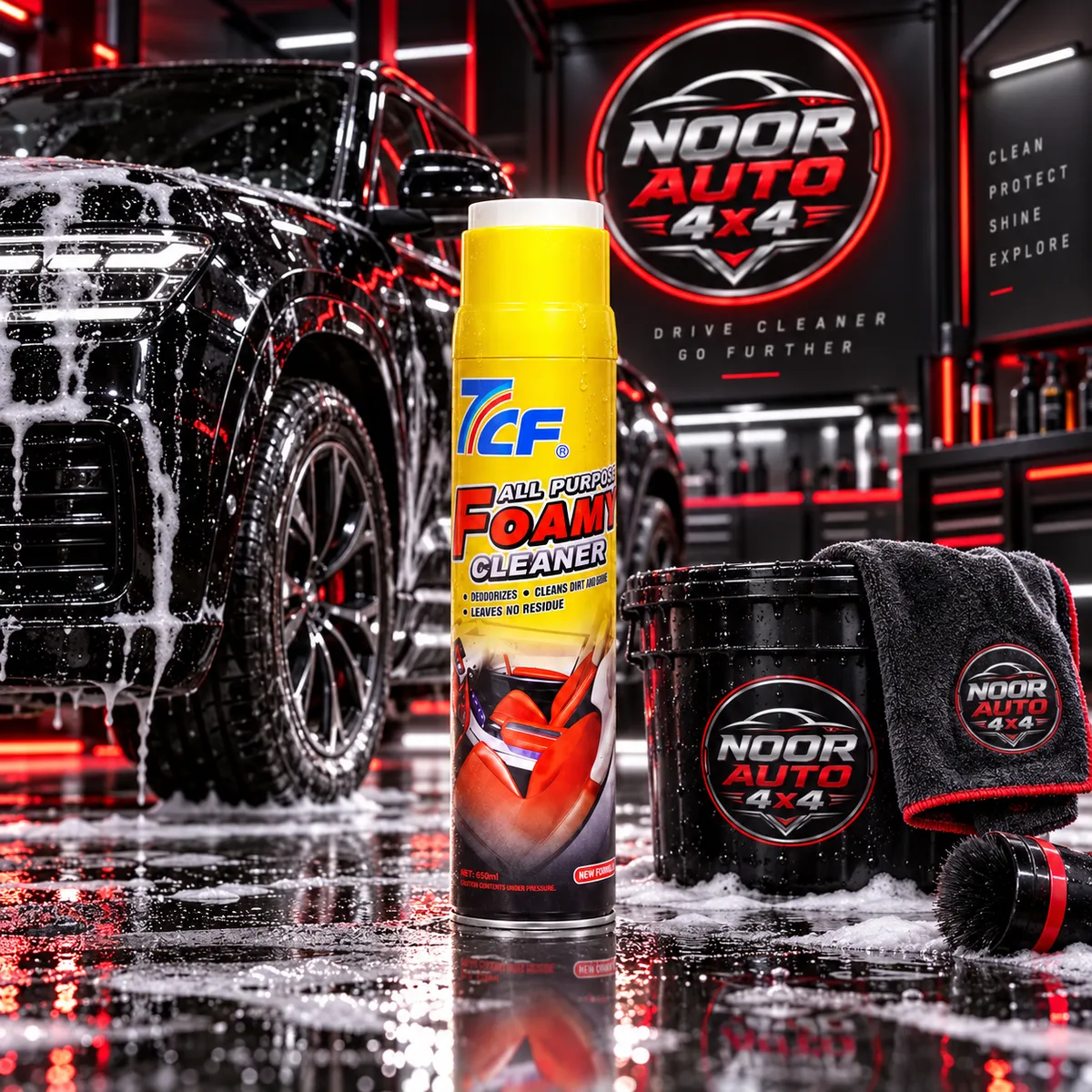 7CF foamy cleaner with a foam-covered SUV at NOORAUTO4X4