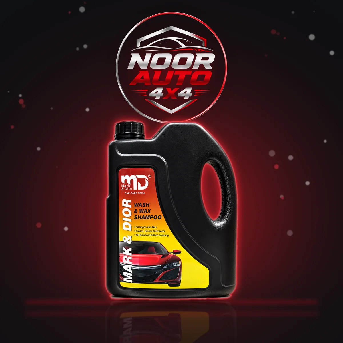 Mark & Dior Wash and Wax Car Shampoo bottle under red studio light with the NOOR AUTO 4X4 logo