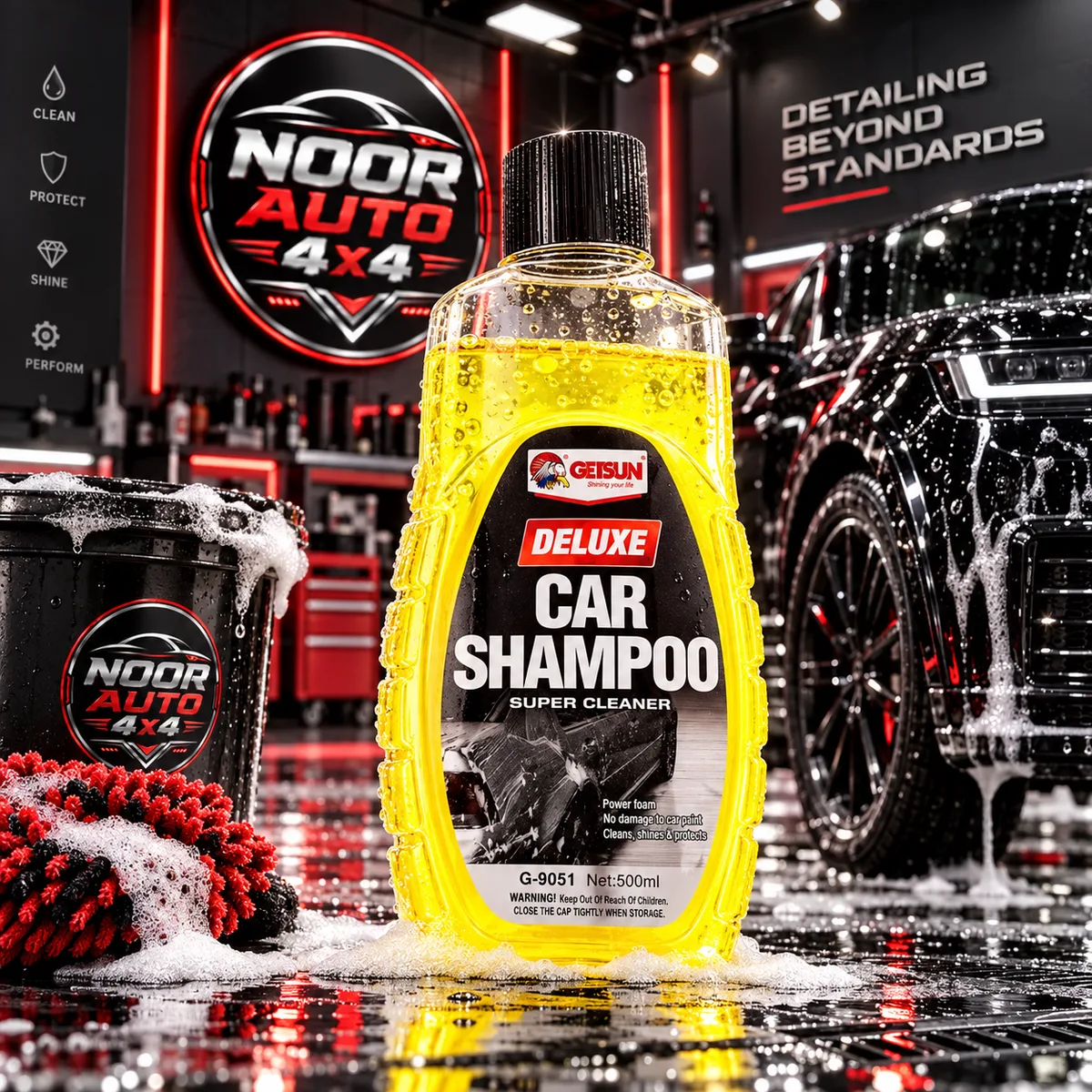 Getsun Deluxe Car Shampoo 500 ml with foam wash bucket at NOORAUTO4X4