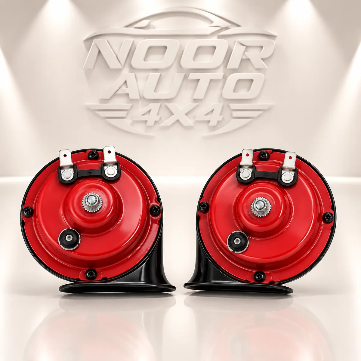 Seger 60E red snail car horn pair with mounting brackets
