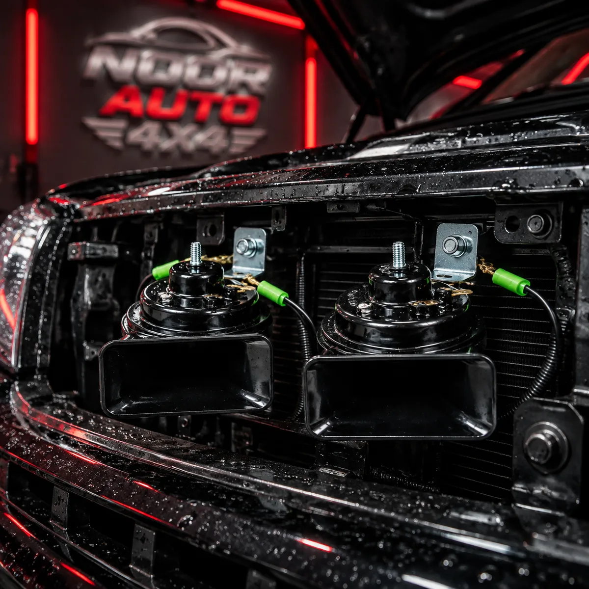 Denso car horn pair mounted behind the front grille of a black car