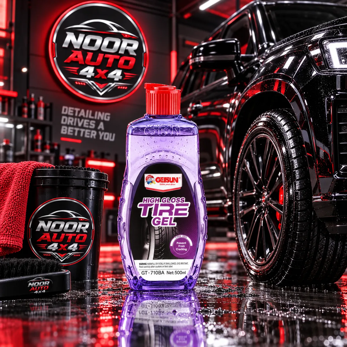 Getsun High Gloss Tire Gel beside a glossy 4x4 tyre at NOORAUTO4X4