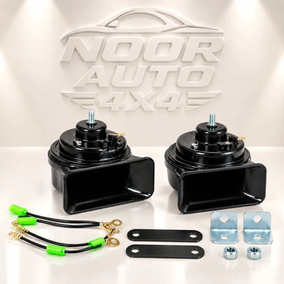Denso car horn pair with wiring harness, brackets and nuts