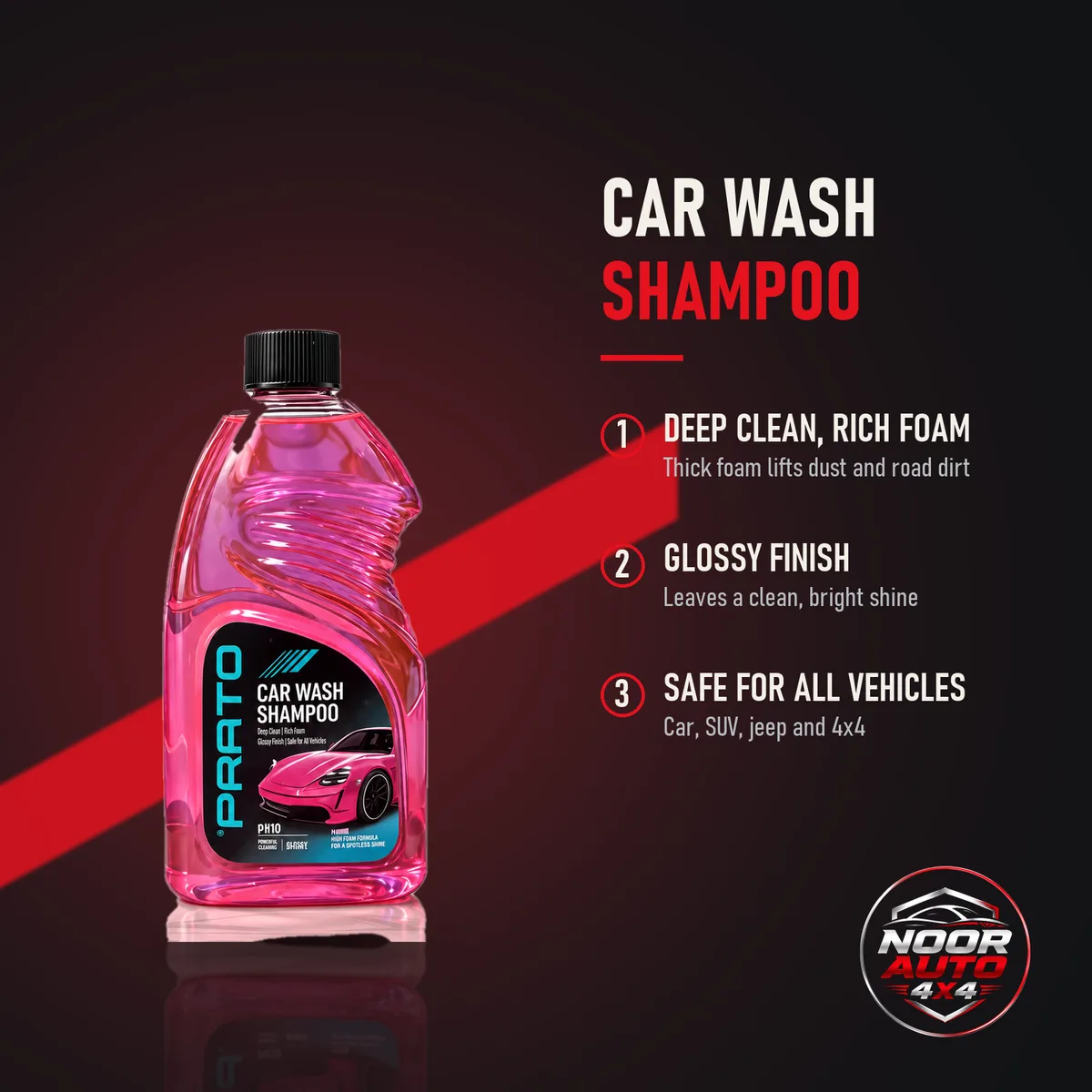 Prato Car Wash Shampoo features: deep clean and rich foam, glossy finish, safe for all vehicles