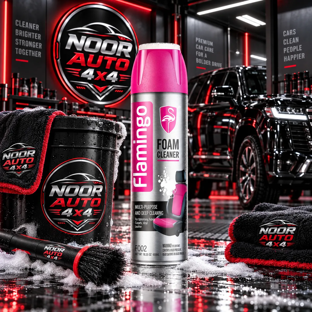Flamingo foam cleaner with wash bucket and SUV at NOORAUTO4X4