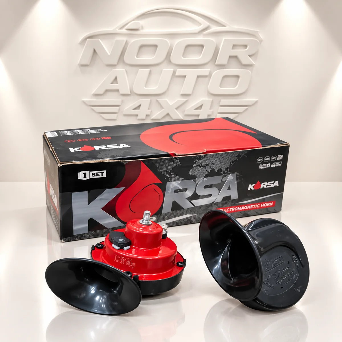Korsa electromagnetic car horn pair with its box