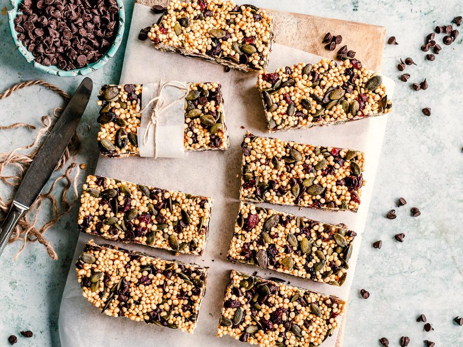 A small batch of oat and seed bars, cut and ready to evaluate