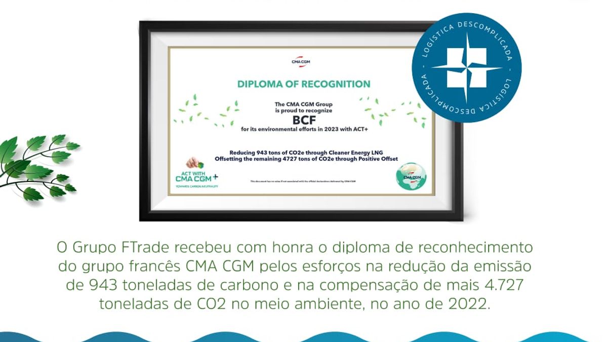 Diploma de reconhecimento dos esforços ambientais do Grupo FTrade: