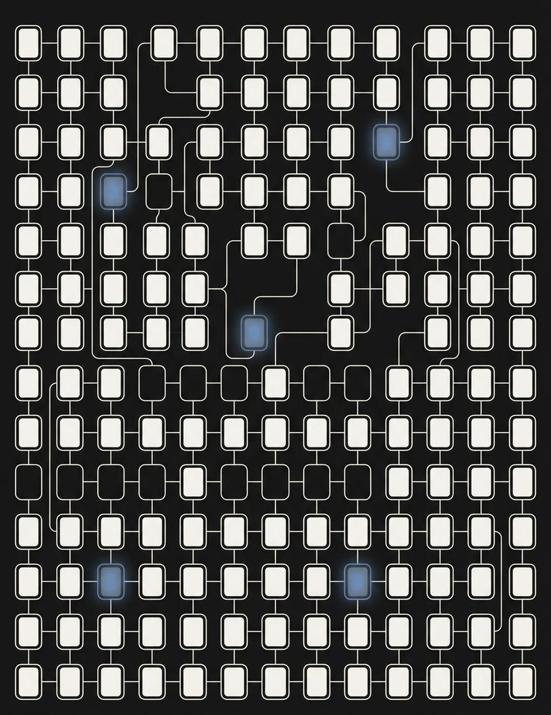 Abstract illustration of a grid of software modules with a few highlighted in blue, representing AI embedded inside existing systems.