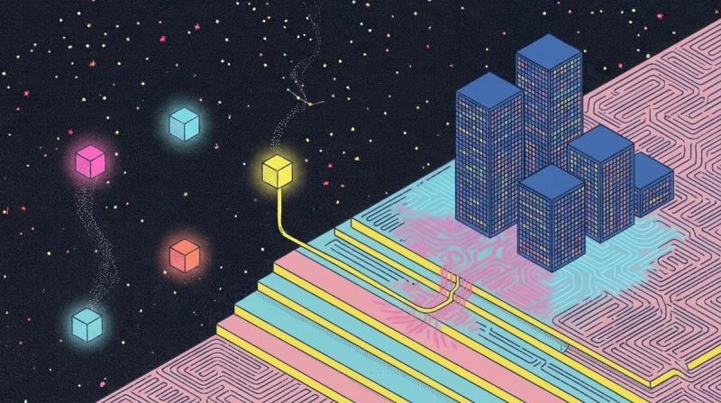 Isometric neon illustration of small glowing cubes floating unconnected in a starry sky beside a terrace of company towers, with one yellow data stream linking a cube to the towers and lighting up the circuits around them
