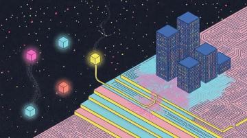 Isometric neon illustration of small glowing cubes floating unconnected in a starry sky beside a terrace of company towers, with one yellow data stream linking a cube to the towers and lighting up the circuits around them