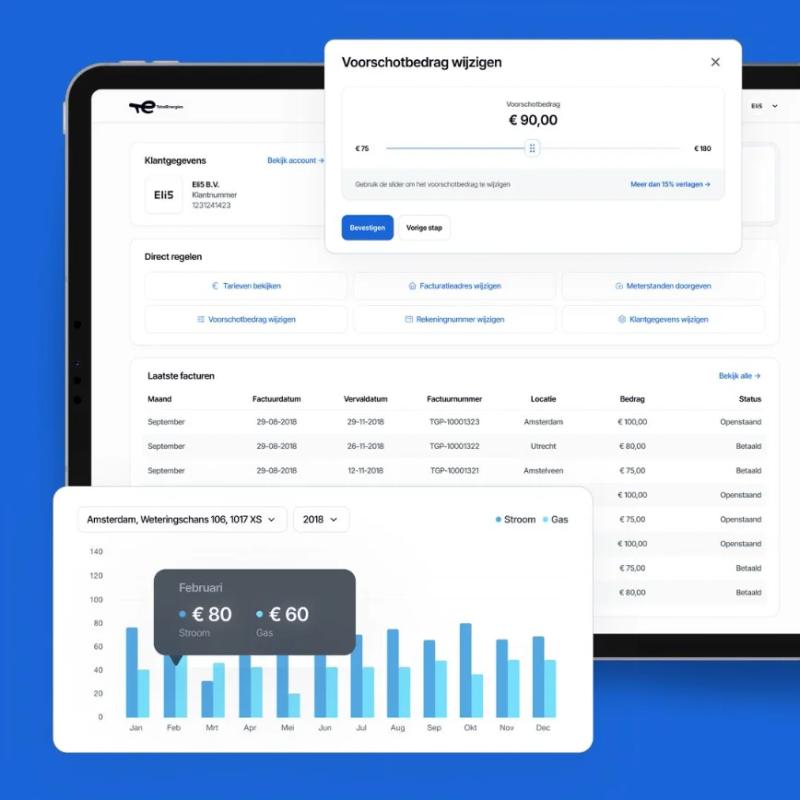 The TotalEnergies customer portal on a tablet, showing an invoice list and a usage chart.