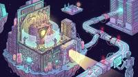 Astronauts probe a floating circuit-board fortress while a damaged neon pipeline leaks data toward a waiting robot
