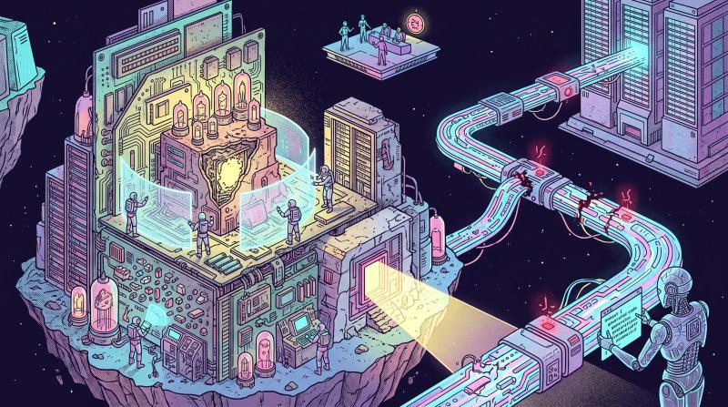 Astronauts probe a floating circuit-board fortress while a damaged neon pipeline leaks data toward a waiting robot