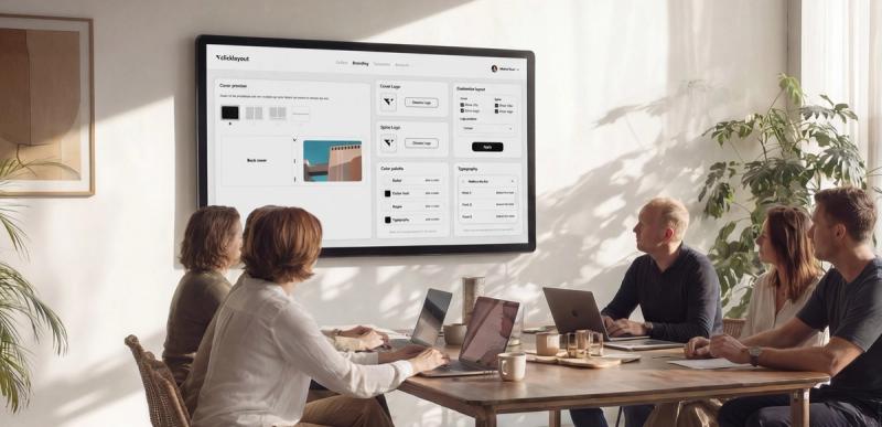 Team meeting around a table reviewing a branding and layout customization dashboard displayed on a large wall-mounted screen