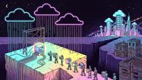 Neon clouds rain data onto a glowing server on a cliff as workers carry files across a chasm toward a futuristic city