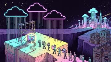 Neon clouds rain data onto a glowing server on a cliff as workers carry files across a chasm toward a futuristic city