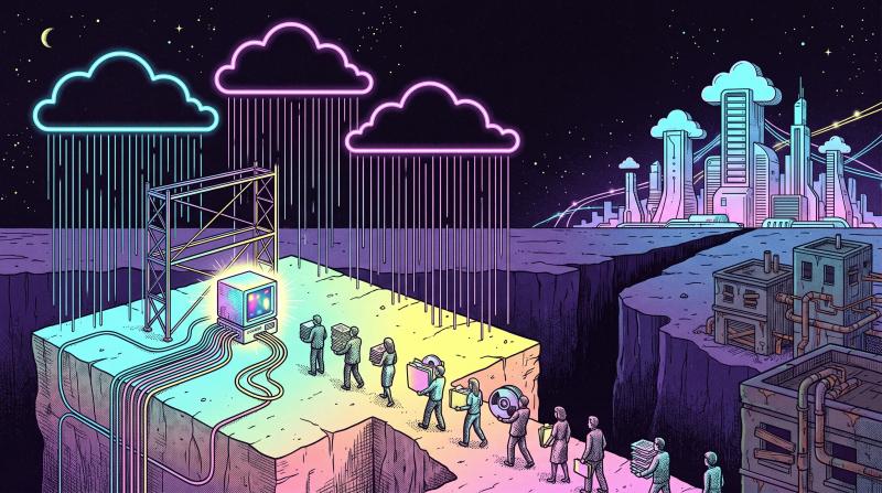 Neon clouds rain data onto a glowing server on a cliff as workers carry files across a chasm toward a futuristic city