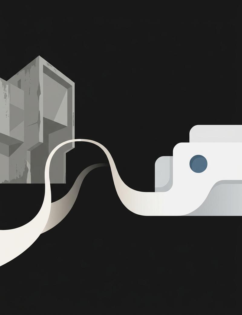 Abstract illustration of an aging grey structure transforming into a brighter, modern one, representing the route from legacy to modern software.