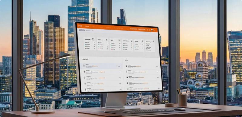 Sparq open on a desktop screen, with a city skyline behind it.