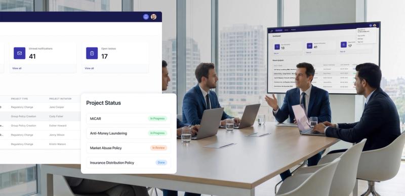 Dashboard with notifications and task counts, a project status popup, and a background photo of executives meeting in an