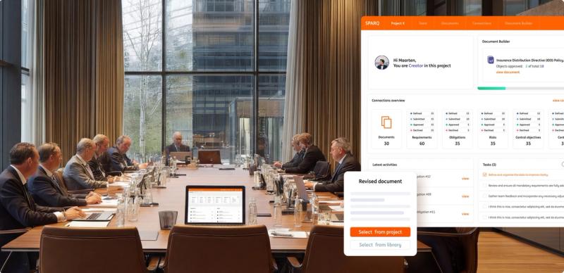 Boardroom meeting overlaid with the SPARQ dashboard showing project stats, tasks, and a document revision popup