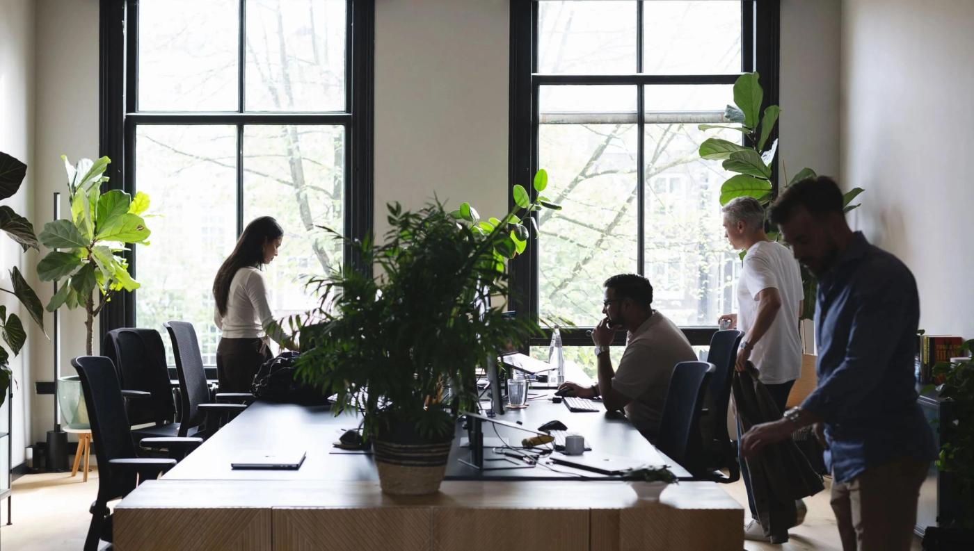 The Eli5 office: the team at the long desk, tall windows behind them.