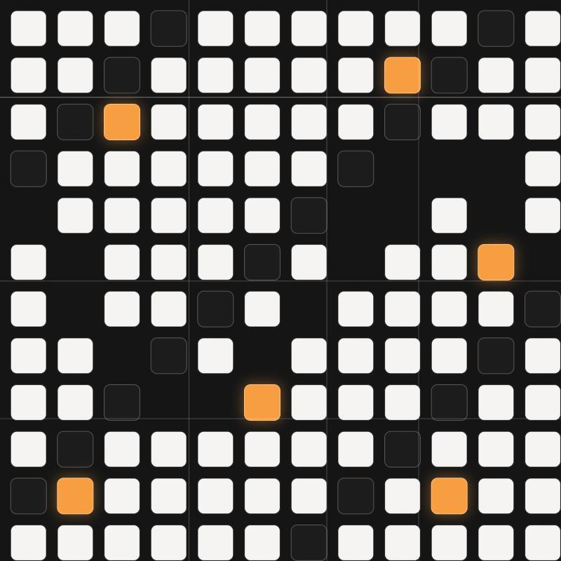 Grid of rounded squares in white and dark grey on black, with a few highlighted in orange.