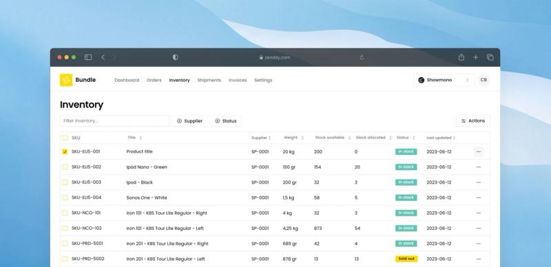 Inventory dashboard listing SKUs with supplier, weight, stock levels, and status badges like "In stock" and