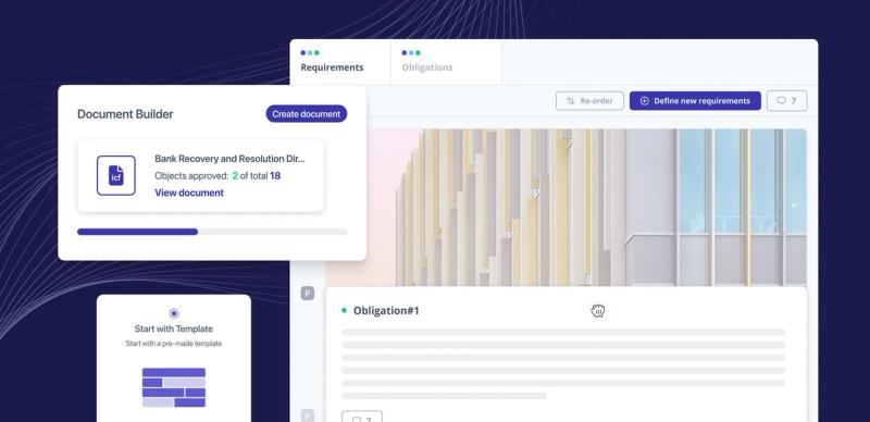 Dashboard showing a Document Builder panel and requirements list with an obligations tab and progress bar