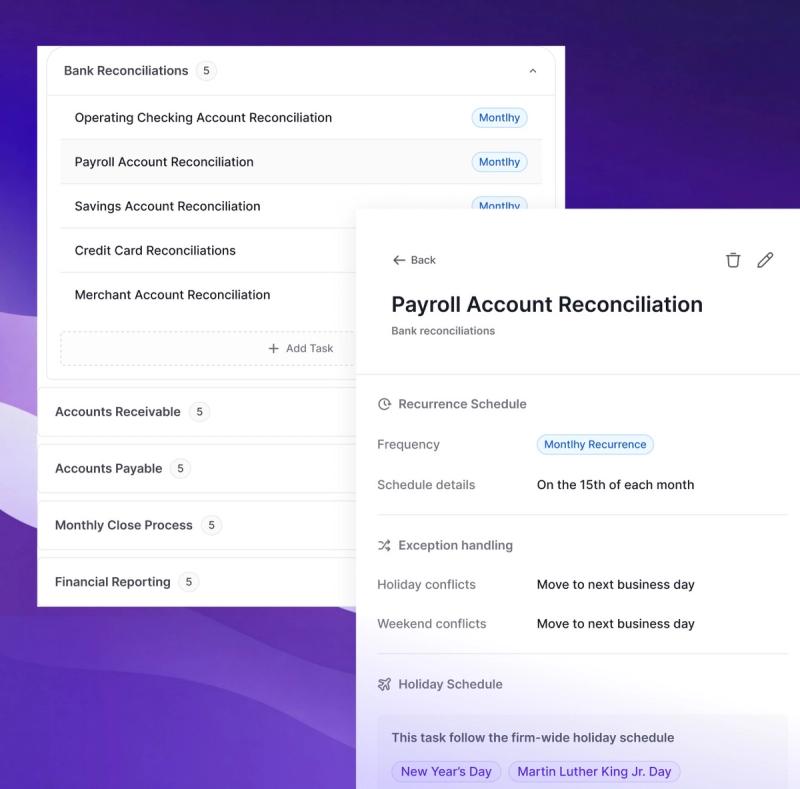 Task list with recurring accounting checklists on the left and a detail panel showing Payroll Account Reconciliation