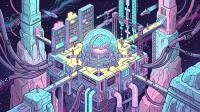 Illustrated space station with a glowing brain in a dome, connected by cables, servers, and walkways to floating platforms