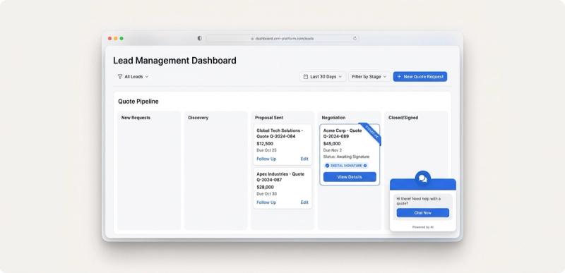 AI-generated illustrative mockup of a CRM dashboard showing a lead pipeline, a digital-signature status badge, and a chat widget.